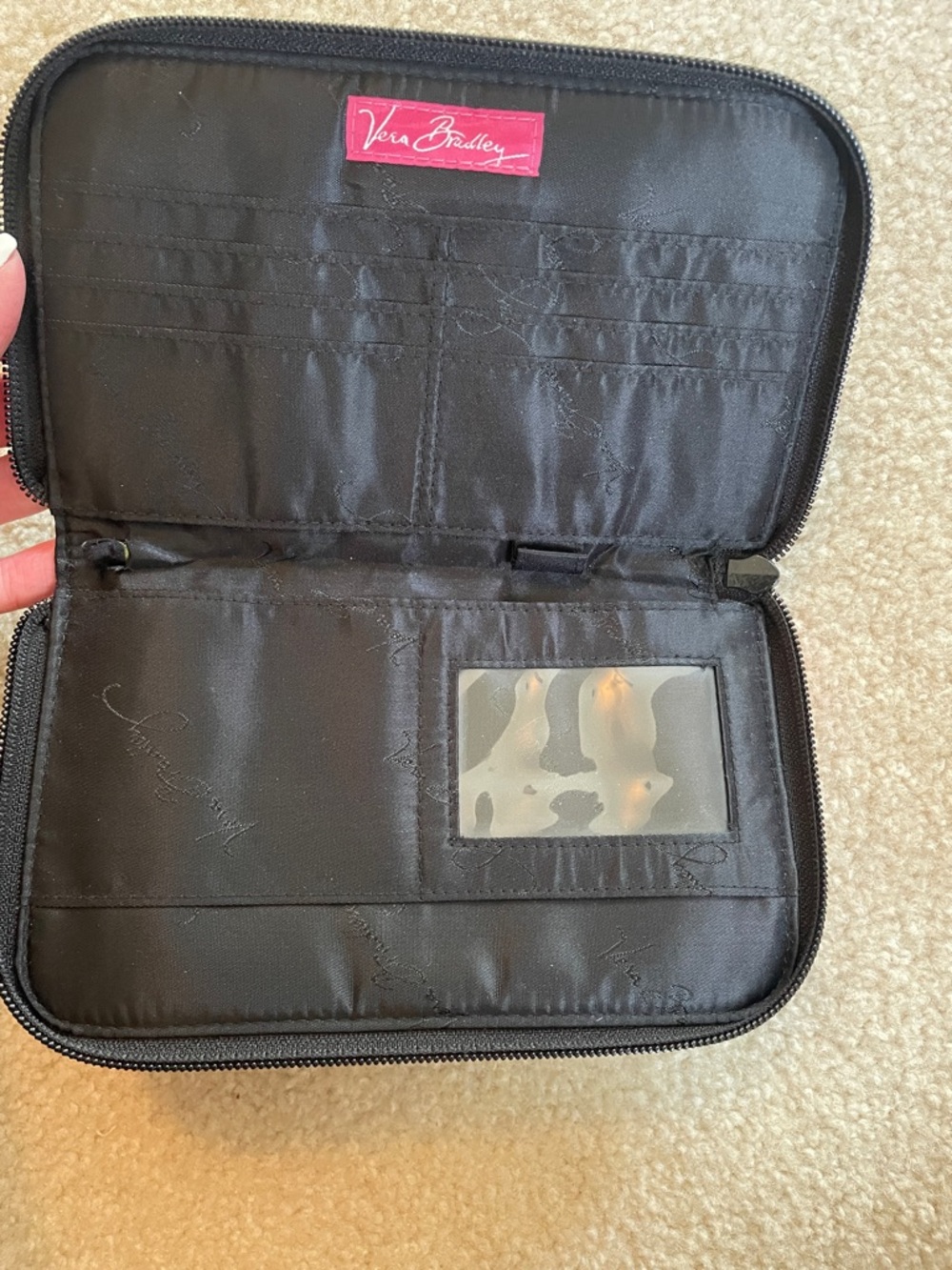 New Condition-Vera Bradley Black Quilted Wallet with Pink Ribbon & Green Floral - Picture 4 of 5